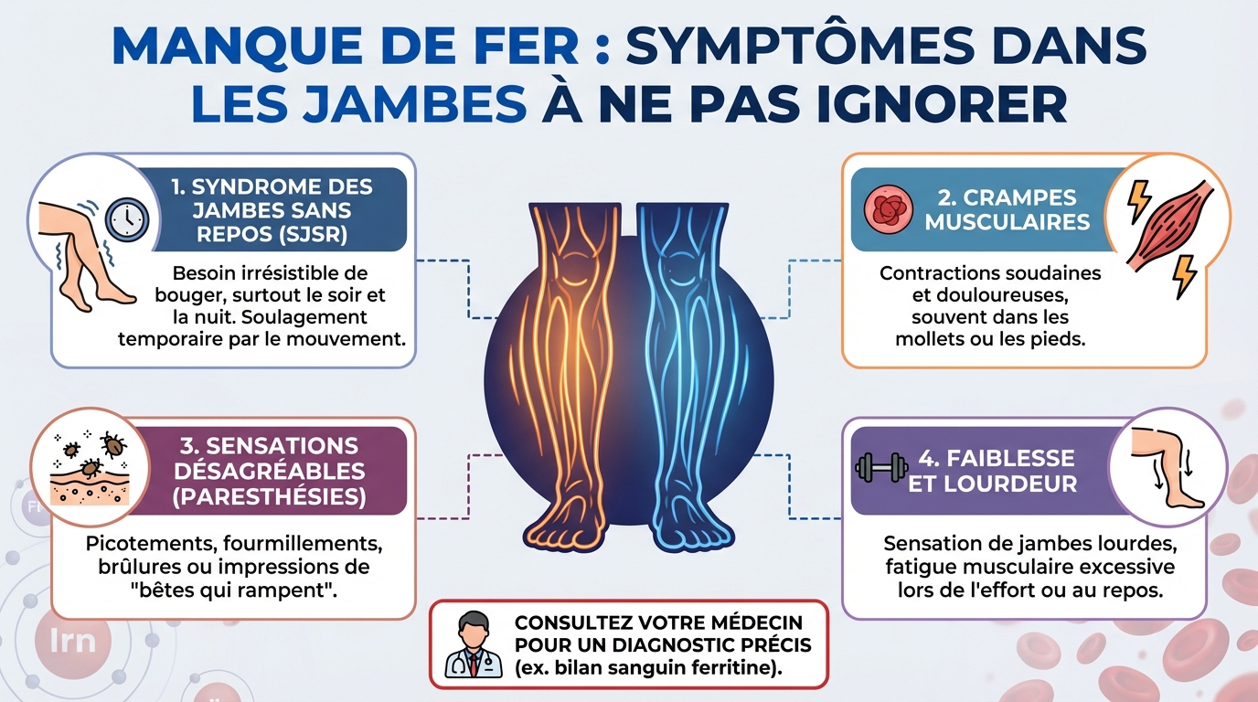 Manque de fer : symptômes dans les jambes à ne pas ignorer 1 Symptômes du manque de fer dans les jambes